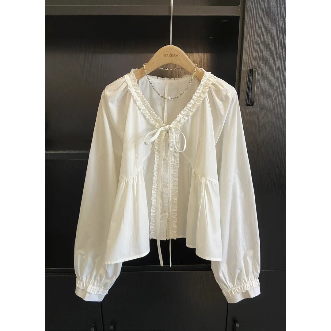 璎婲sᴀᴋᴜʀᴀ【圣日耳曼】曼法式复古温柔甜美V领系带单排扣长袖衬衫