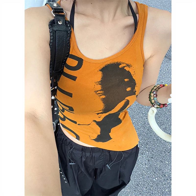 辣妹复古美式印花吊带背心女夏季甜酷风修身显瘦外穿小众无袖上衣