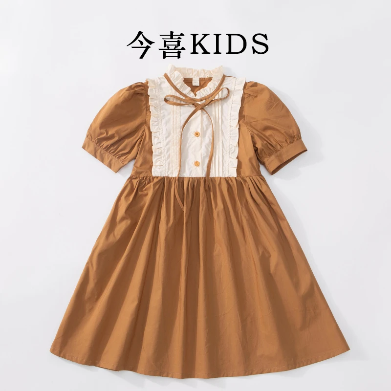 森系学院风连衣裙儿童童装女童夏季泡泡袖韩版拼接娃娃领复古时尚