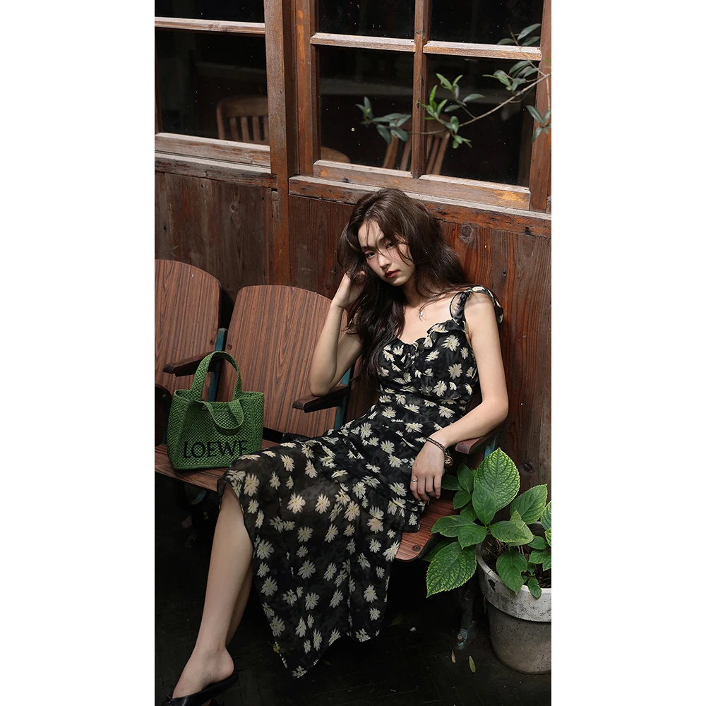 张贝贝ibell荷叶边雪纺连衣裙女 立体褶皱 小众设计感气质长裙女