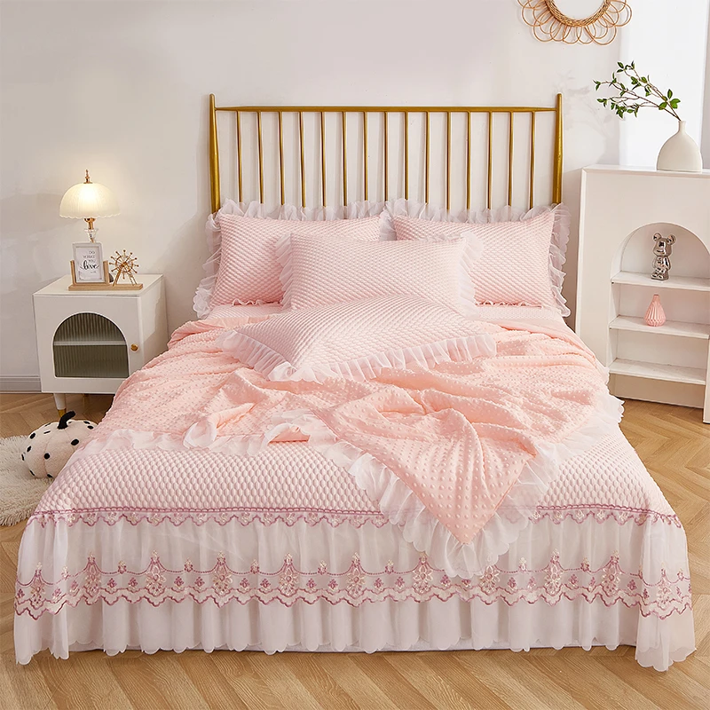 高级感凉豆豆冰丝凉席夏被四件套床盖款席子凉感床裙席机洗三件套