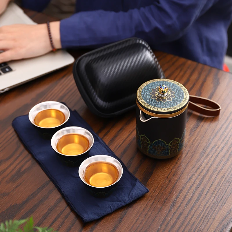 鎏银办公盖杯珐琅彩个人茶杯纯银999水杯家用过滤带盖茶壶旅行