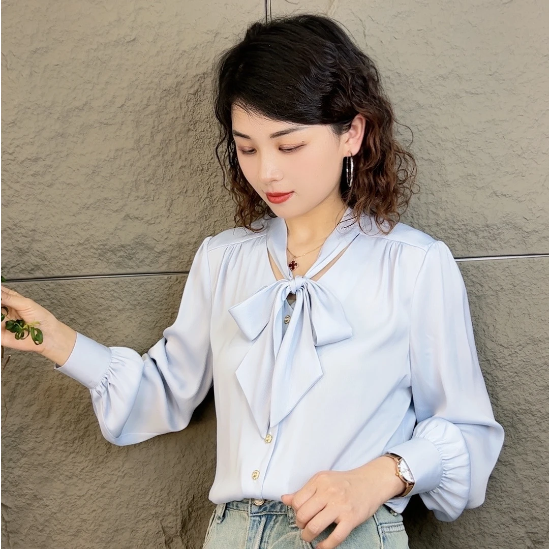 好姐 CS1083气质长袖白色轻奢时尚百搭系带设计感女士蝴蝶结衬衫