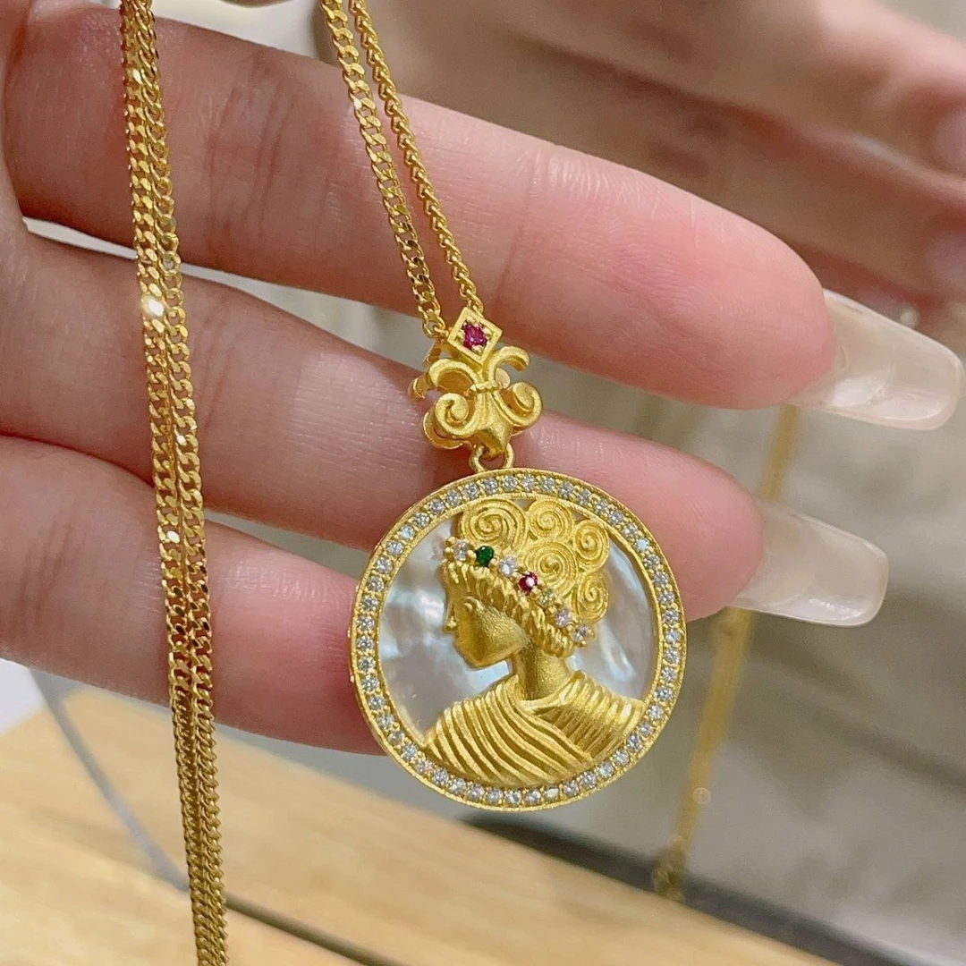铜合金吊坠 复古宫廷风白贝女王金色项链超级显贵气时尚国风古风