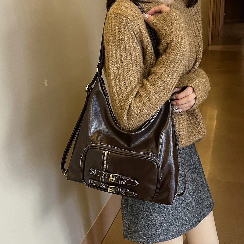 2025新款大容量三用托特包女百搭油皮单肩包斜挎包学生早八通勤包