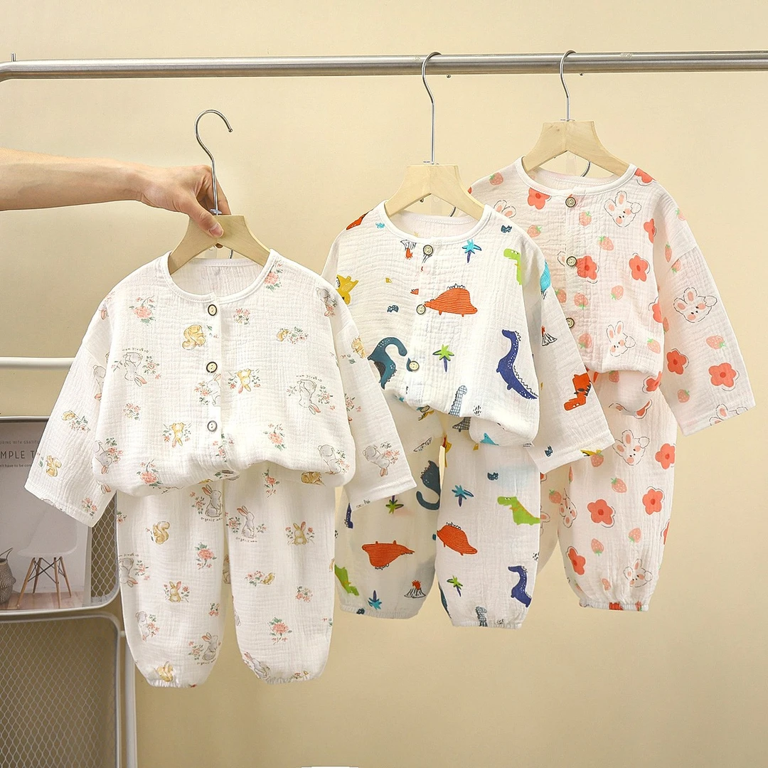 2024新款儿童纯棉纱布睡衣春夏棉纱家居服男女童百搭韩版两件套
