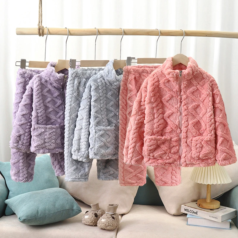 儿童睡衣法兰绒春秋冬季加厚款珊瑚绒女童家居服男童小孩加绒宝宝