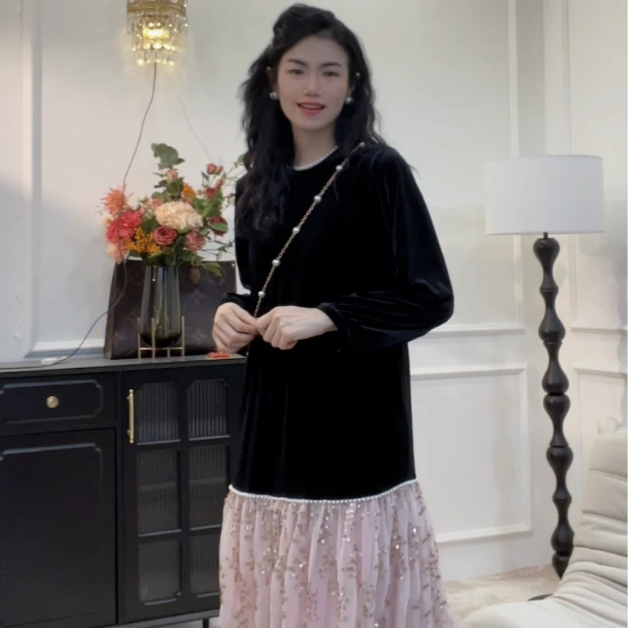 【纳斯女神】高级感拼接亮片网纱气质温柔氛围感丝绒长裙pp