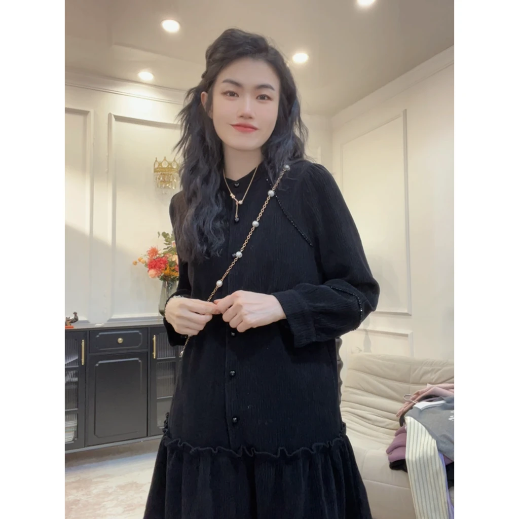 【黑曜石】定制面料肌理感竖条纹设计感黑色连衣裙显瘦大码pp