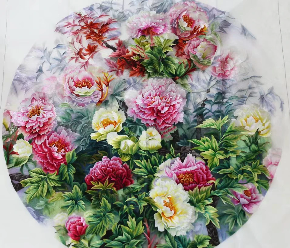 精品苏绣牡丹争艳图80圆画芯手工刺绣1-2丝收藏级别精品