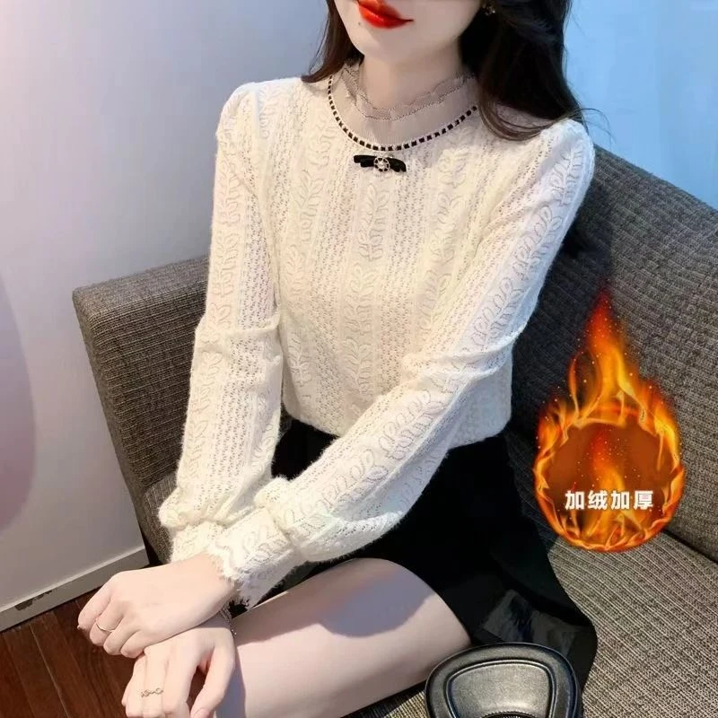 加绒加厚秋冬款蕾丝打底别致洋气小衫加绒时尚加厚减龄长袖上衣