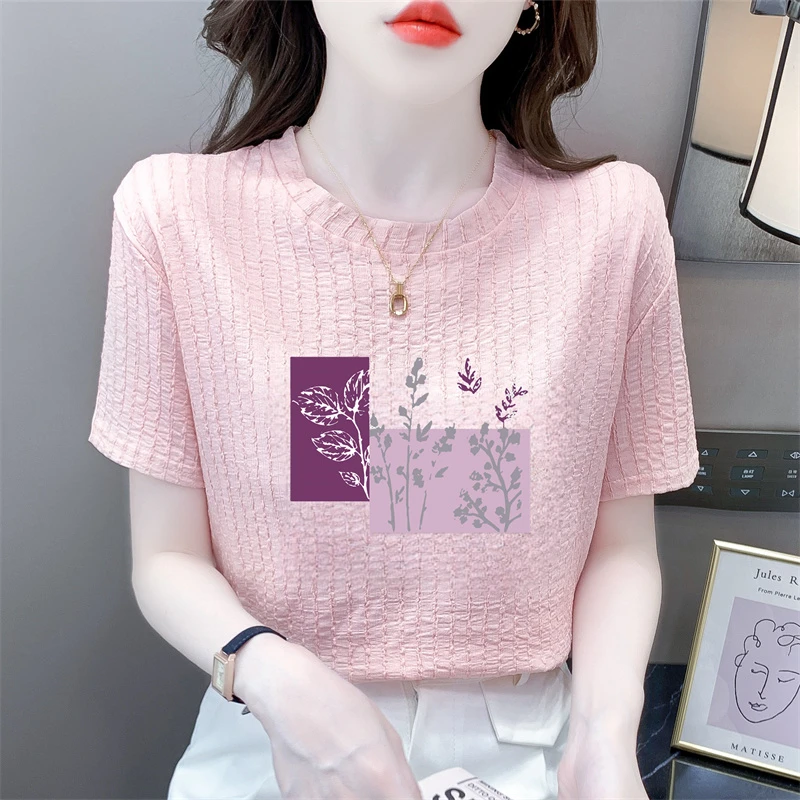 蕾丝圆领短袖t恤女时尚印花设计感小衫夏季新款宽松显瘦洋气上衣