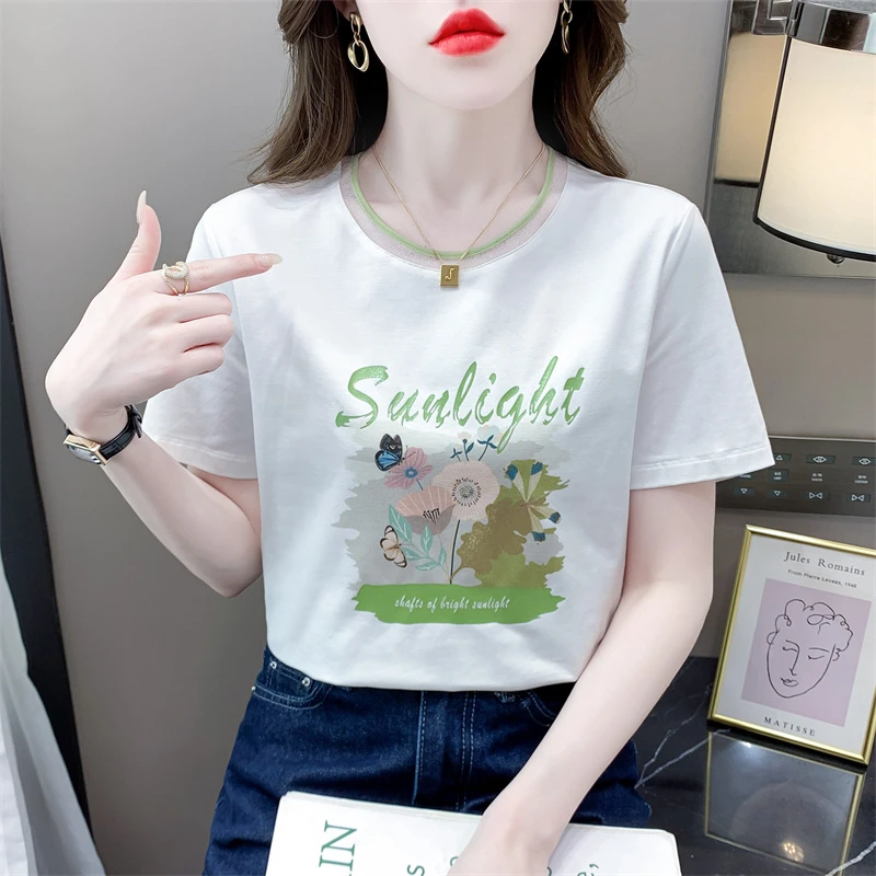 夏季印花宽松白色短袖t恤女新款2024年法式小清新圆领半袖女夏装