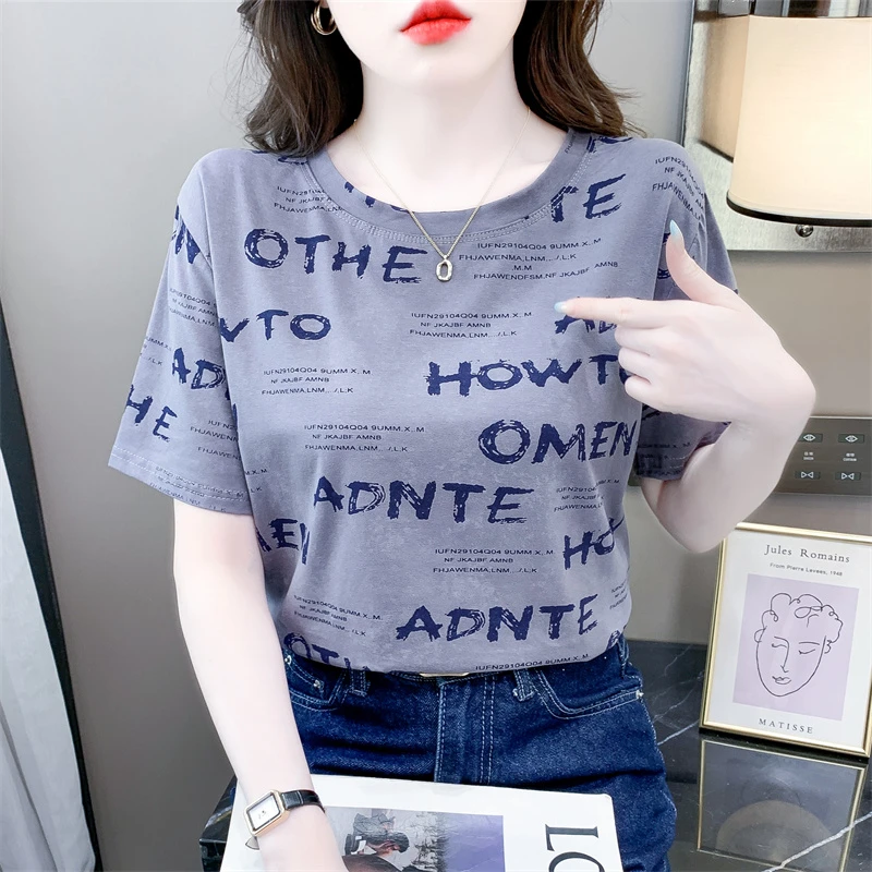 时尚印花白色t恤女短袖夏季新款宽松休闲显瘦洋气百搭正肩上衣
