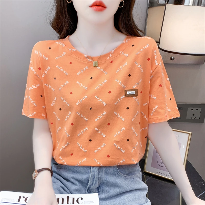 纯棉t恤女短袖夏季新款休闲时尚百搭宽松体恤小众印花圆领上衣ins