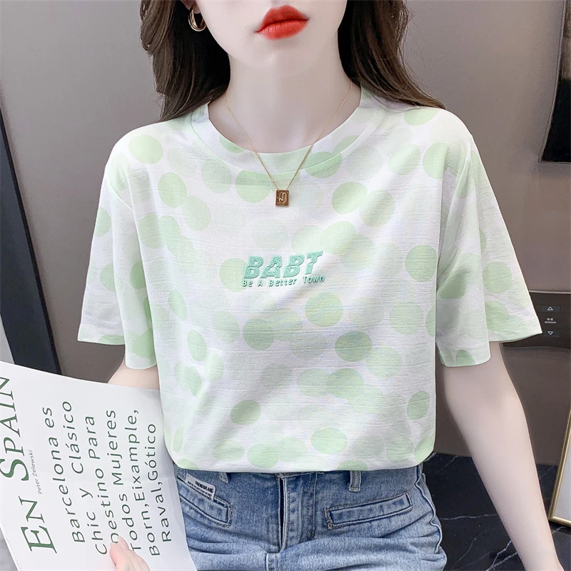 波点印花短袖T恤女装夏季新款宽松休闲百搭显瘦白色体恤圆领上衣