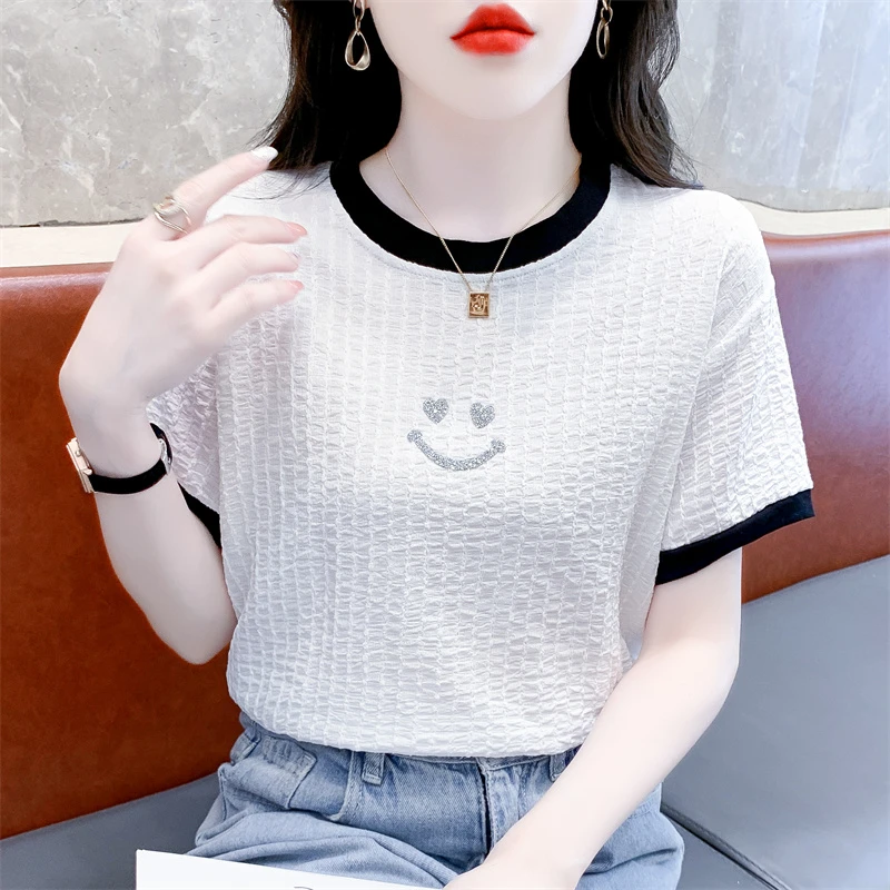 蕾丝短袖t恤女士夏装新款笑脸烫钻设计感体恤时尚洋气白色上衣ins
