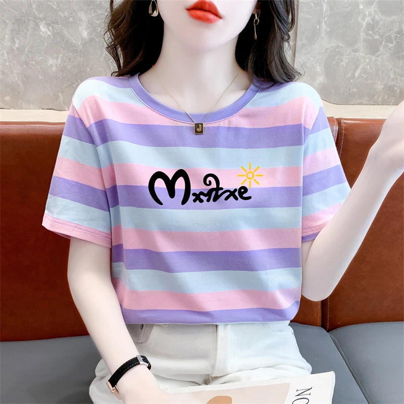 时尚条纹短袖t恤女夏装新款宽松显瘦遮肚子休闲印花圆领体恤上衣