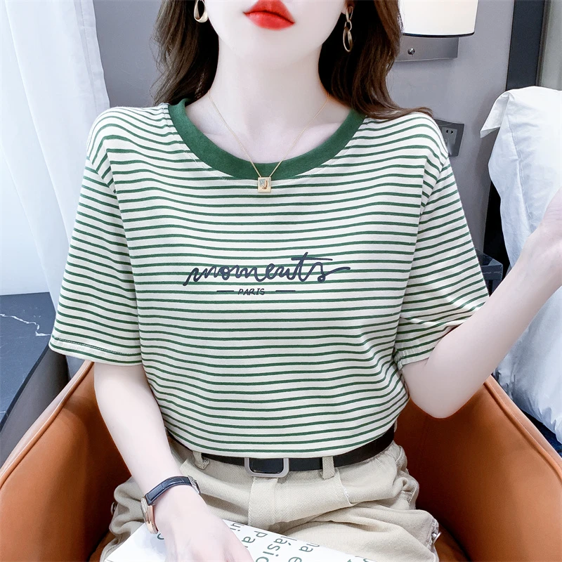 条纹短袖t恤女2024夏季新款宽松显瘦字母印花圆领体恤上衣