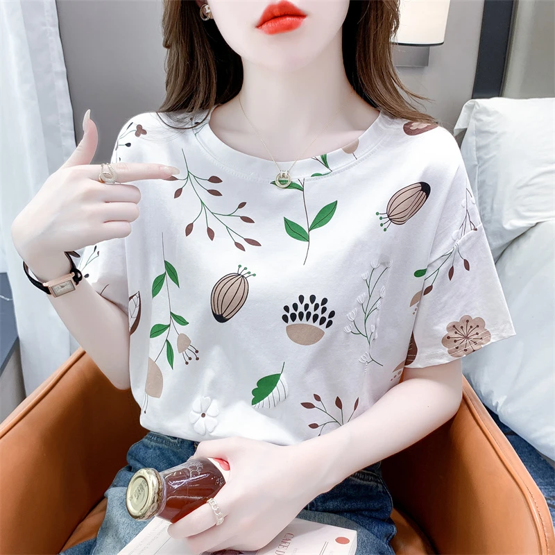 短袖t恤女夏季新款设计感小众印花白色上衣宽松洋气减龄气质体恤