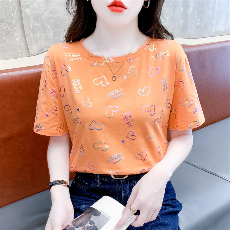时尚烫金短袖t恤女夏季时尚宽松显瘦百搭女上衣洋气印花半袖体恤