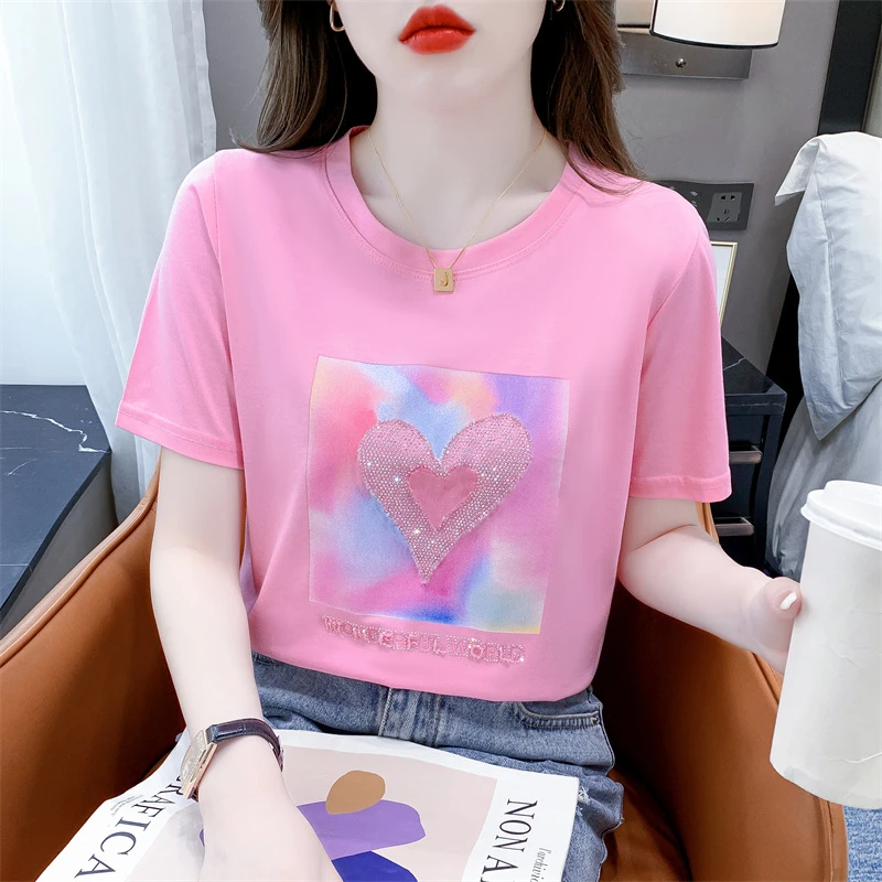 时尚爱心烫钻短袖T恤女夏季新款韩版宽松显瘦休闲百搭体恤上衣