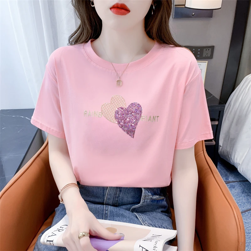 t恤女重工亮片刺绣短袖新款夏装时尚宽松休闲显瘦百搭圆领上衣服