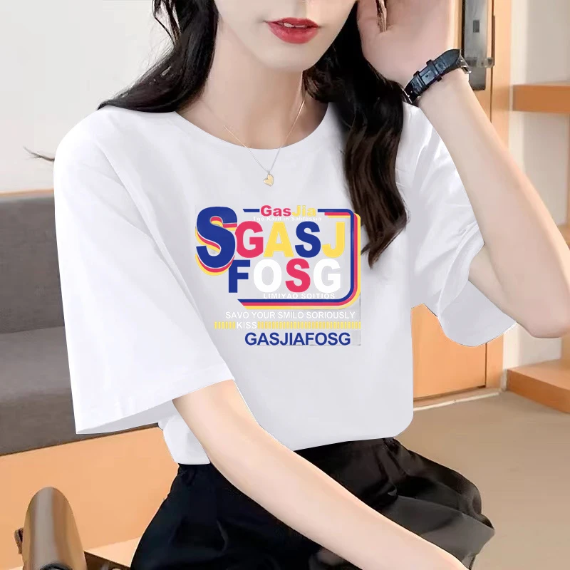 印花白色短袖T恤女新款宽松百搭女夏装休闲显瘦遮肚子圆领上衣女