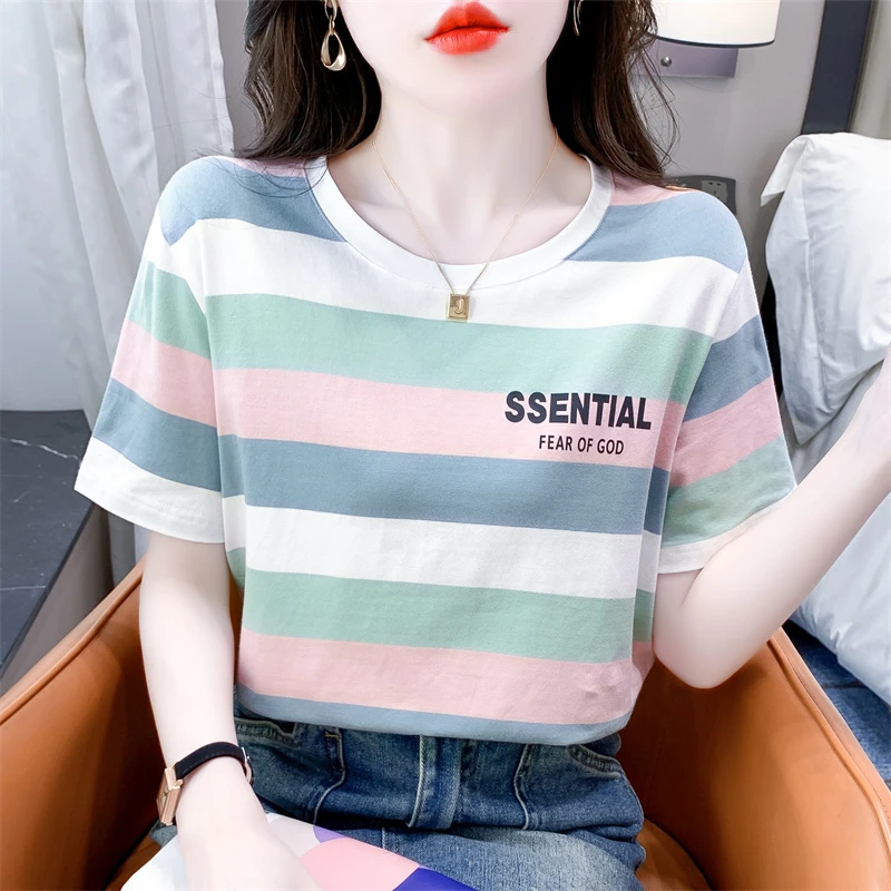 时尚条纹短袖t恤女夏装新款字母印花设计感小众独特上衣洋气体恤