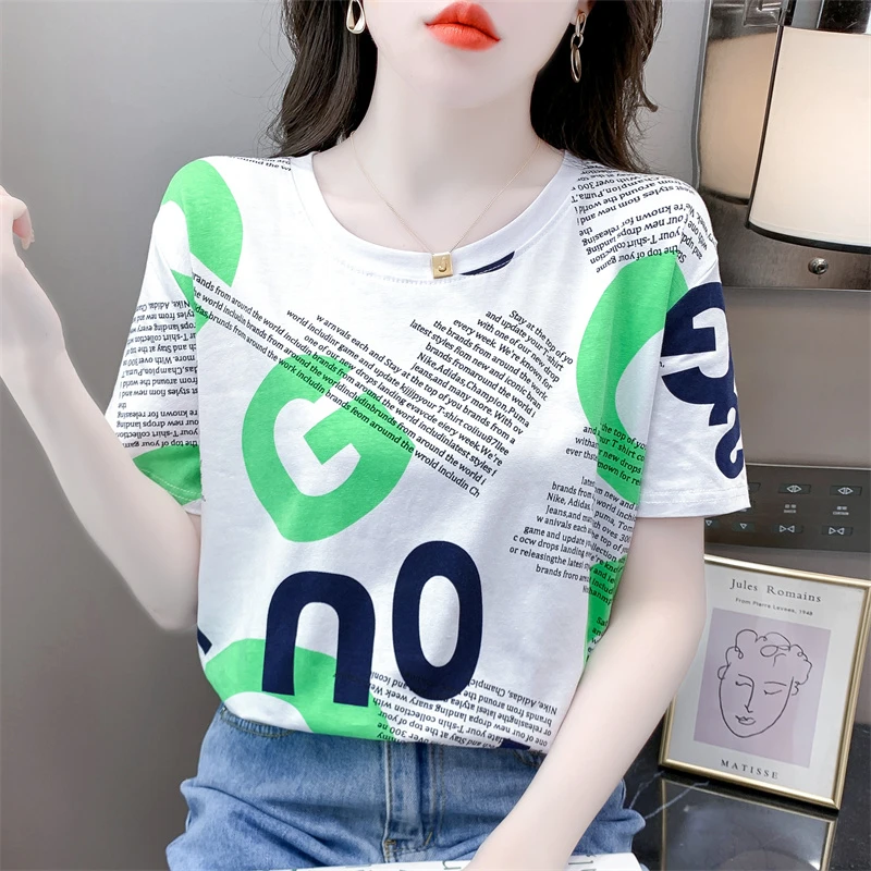 纯棉短袖t恤女夏季新款宽松百搭印花设计感圆领体恤时尚女士上衣