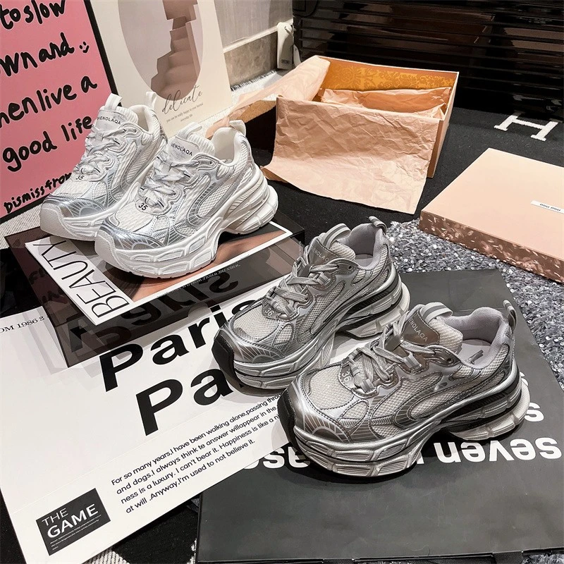 欧货爆款潮鞋厚底增高老爹鞋女2024新款鞋子满天星运动银色