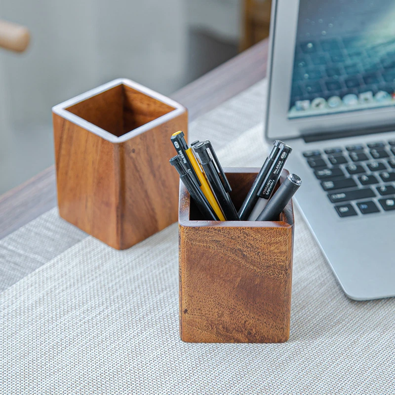 胡桃木木质收纳盒桌面办公室实木创意多功能简约北欧桌用品收纳桶