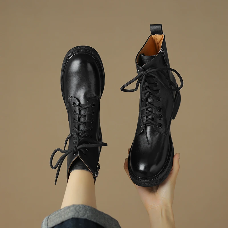 【牛皮仙】跟高4cm/鞋码34-40/秋冬新款短靴女真皮圆头马丁靴