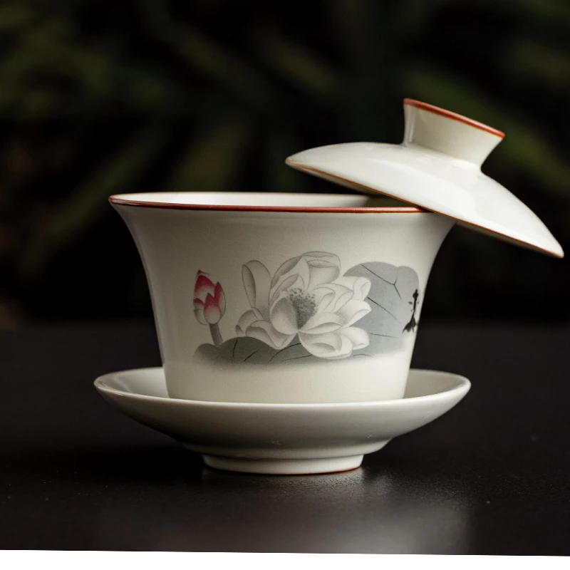 三才盖碗可悬停泡茶碗不烫手单个茶功夫茶具高档汝窑家用陶瓷茶杯