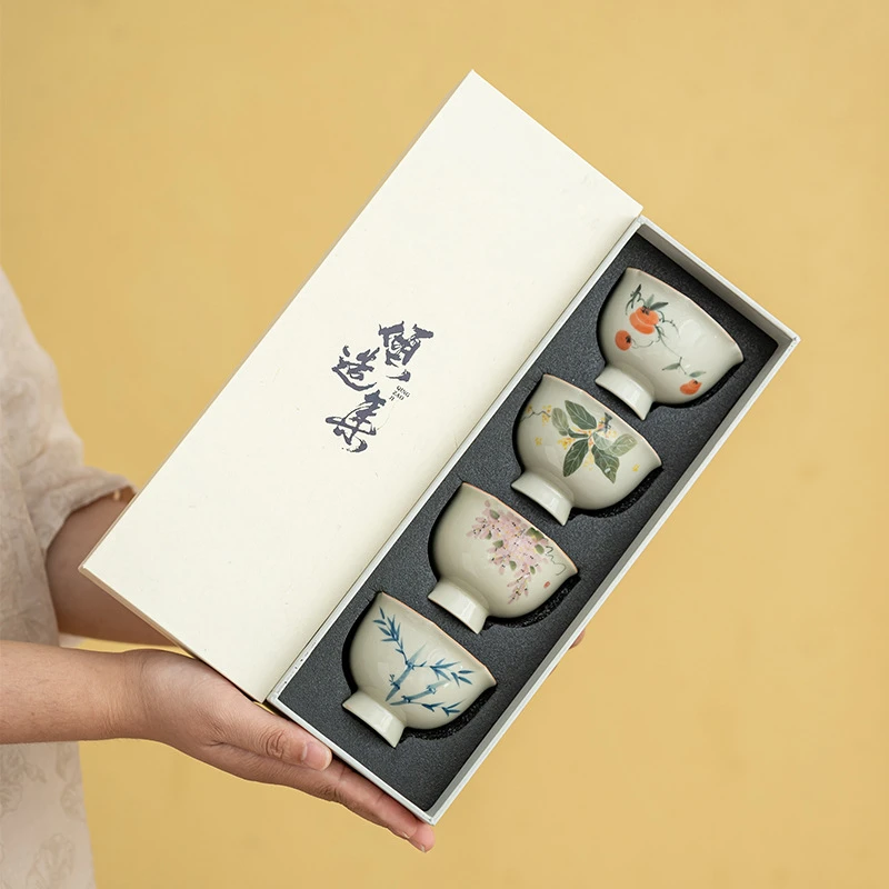 冰台手绘普洱杯茶杯套组陶瓷功夫茶具主人杯单杯四个礼盒装送礼