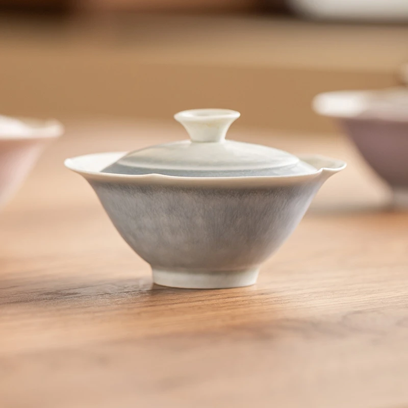 轻薄窑变斗笠盖碗中式轻奢二才茶碗带盖女士高颜值陶瓷茶具泡茶碗