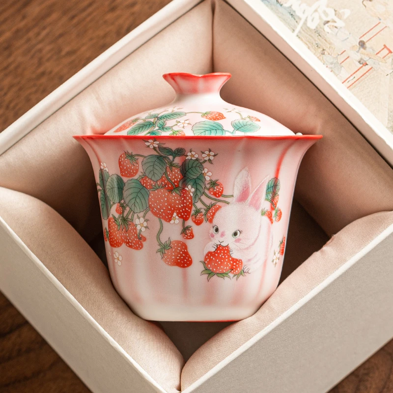 汝瓷凝脂朱粉兔子三才盖碗茶杯单个高档开片功夫茶具泡茶碗不烫手