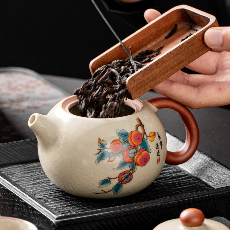 米黄汝窑柿柿如意西施壶功夫茶具茶壶泡茶家用陶瓷泡茶器泡茶壶