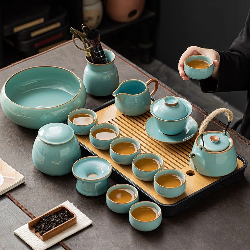 功夫茶具套装轻奢高档家用喝茶天青汝窑陶瓷中式茶壶盖碗茶杯茶盘