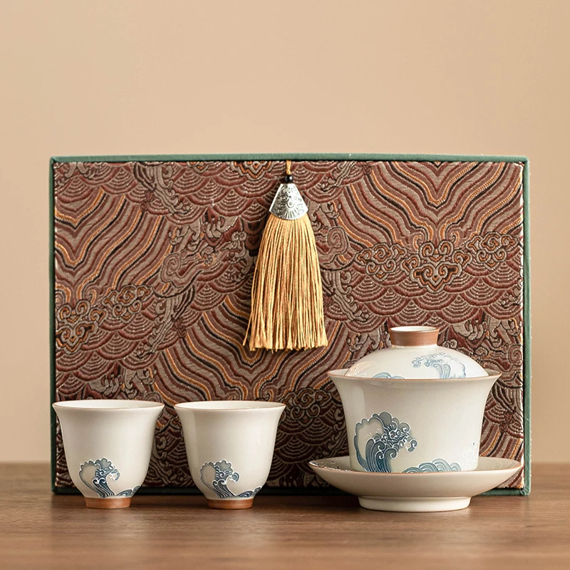 手绘堆雕海浪三才盖碗单个高档陶瓷茶碗带盖不烫手功夫茶具泡茶碗