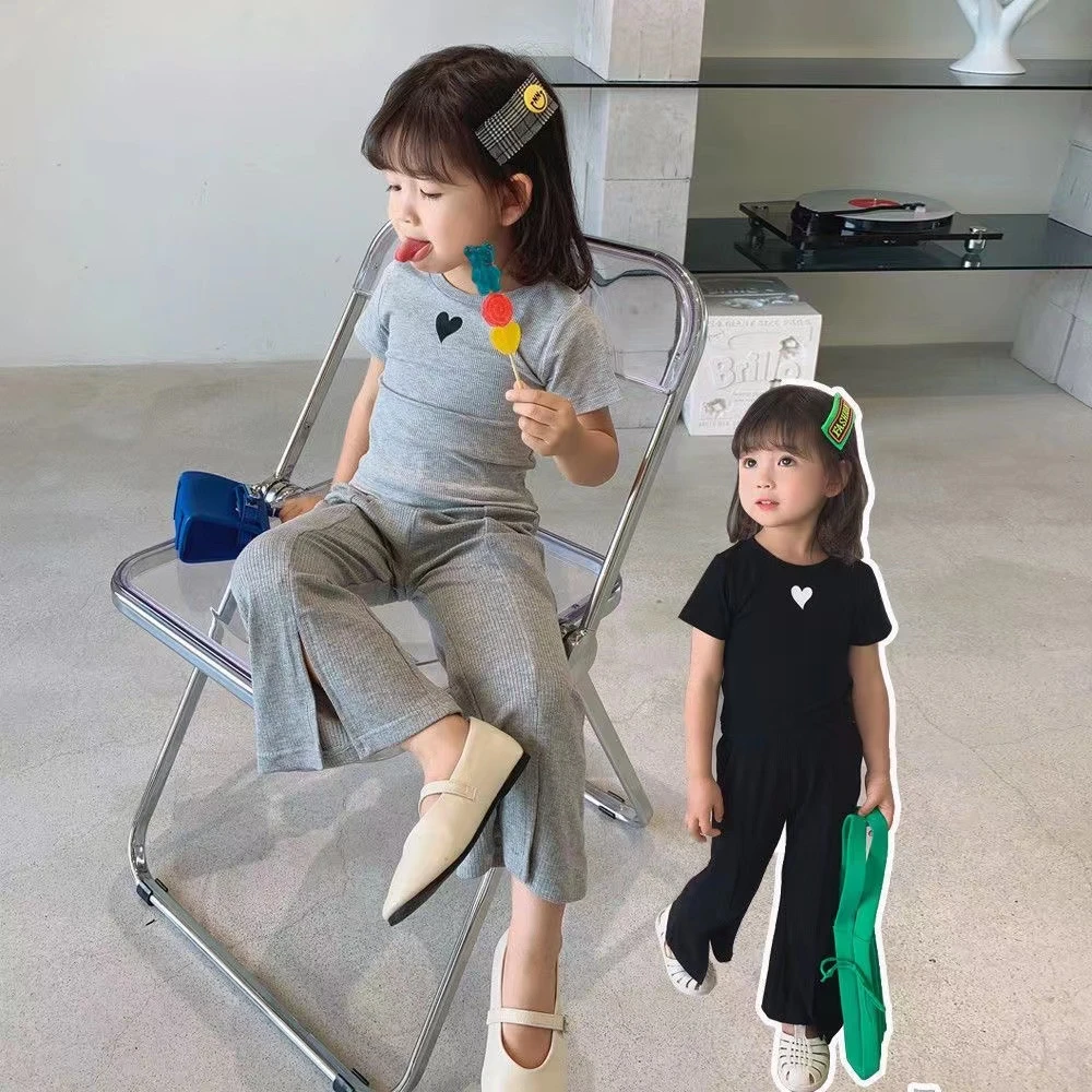 韩版女童阔腿裤短袖长裤时尚儿童夏季休闲T恤+开叉微喇叭裤子套装
