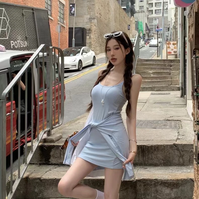 假两件纯欲吊带收腰连衣裙女夏季性感辣妹包臀修身显瘦包臀连衣裙