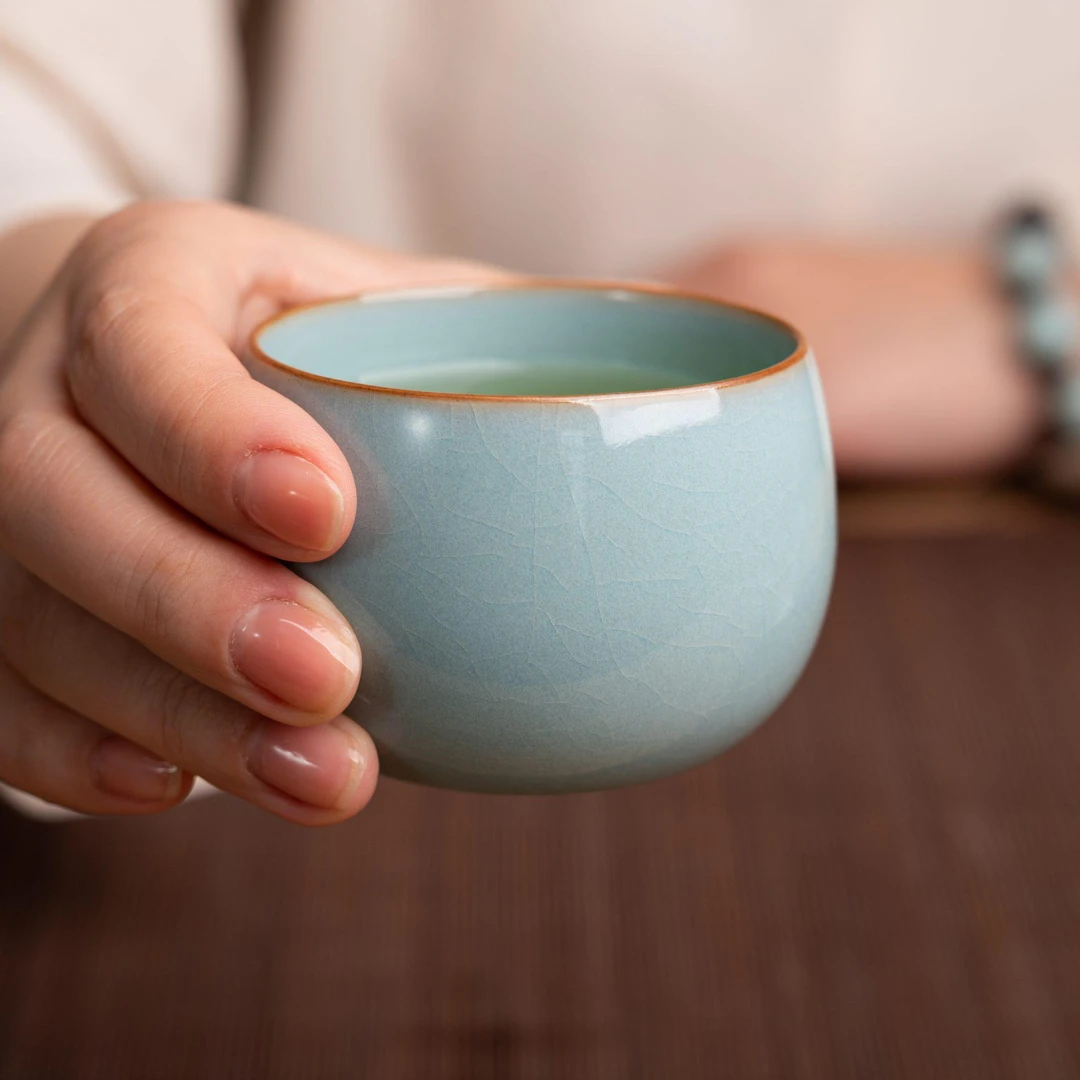 赵运圈天青卧足罗汉杯80ml 手工主人杯 汝窑茶具 汝州汝瓷直播间