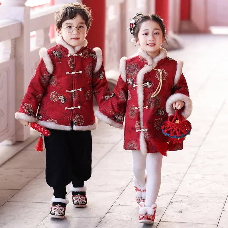 男童女童唐装汉服套装加绒加厚宝宝中国风拜年服冬装小女孩旗袍