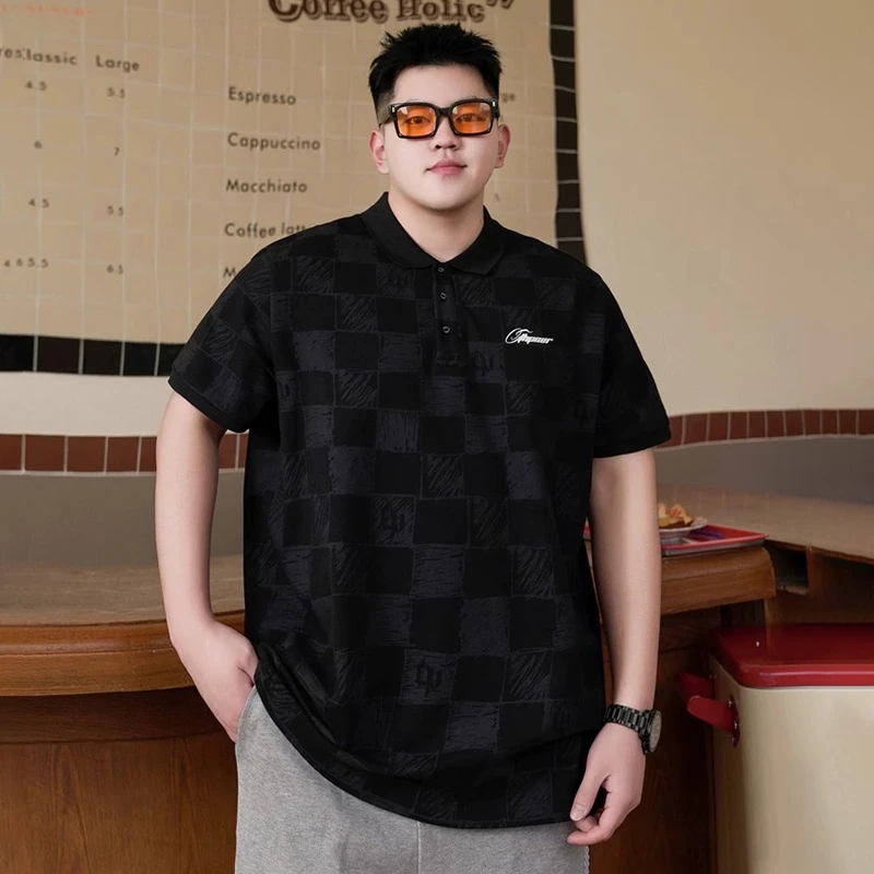 时尚潮牌大码男装夏季新款棋盘格polo衫短袖胖子宽松休闲半袖翻领