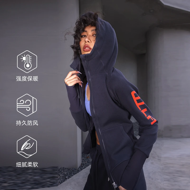 OULLA【专属】秋冬加绒加厚连帽拉链运动穿指保暖运动卫衣3506