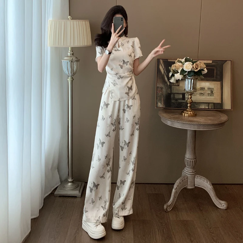 薏丝妮新中式国风立领印花套装女夏收腰显瘦短袖上衣阔腿裤两件套