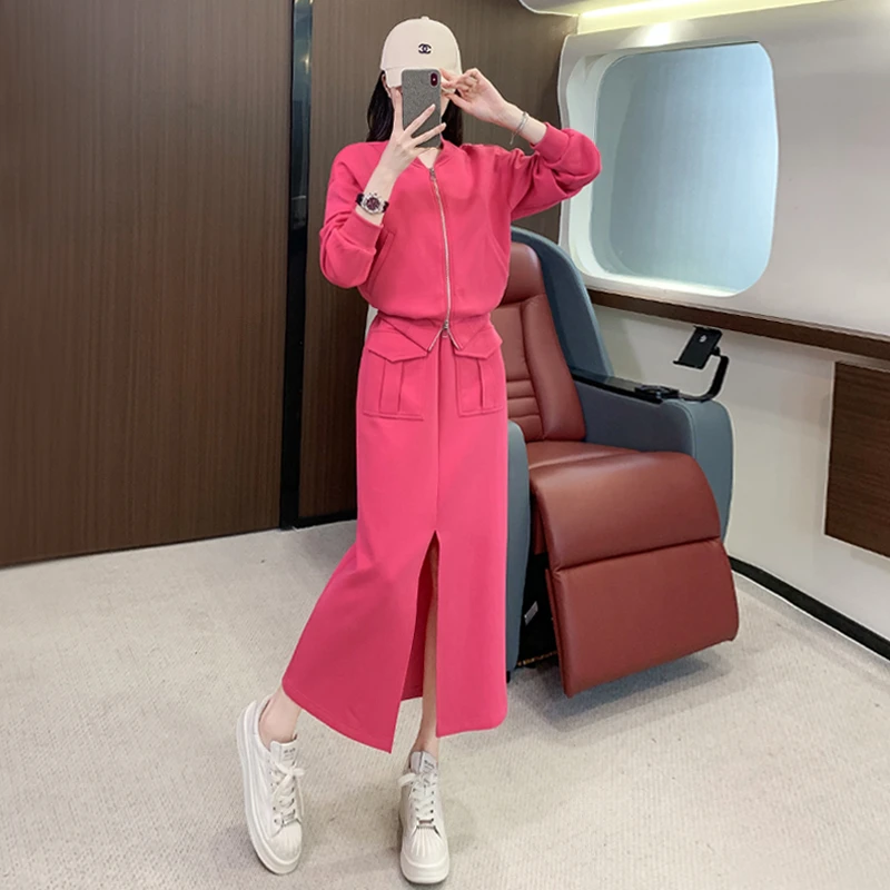 盐系时尚穿搭休闲套装气质减龄拉链开衫立领外套开叉半身裙两件套