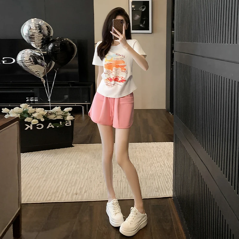 休闲运动短裤套装2024女夏季新款时尚洋气重工烫钻印花短袖两件套
