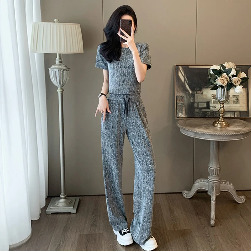 薏丝妮潮流时尚气质套装女夏欧货重工慵懒风灰色短袖阔腿裤两件套